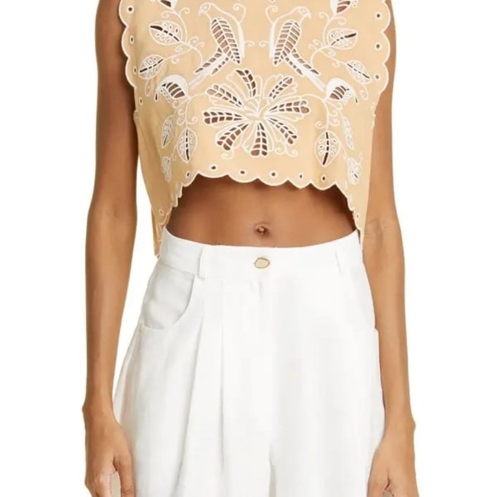 FARM Rio Tan and White Embellished Sleeveless Crop Top
